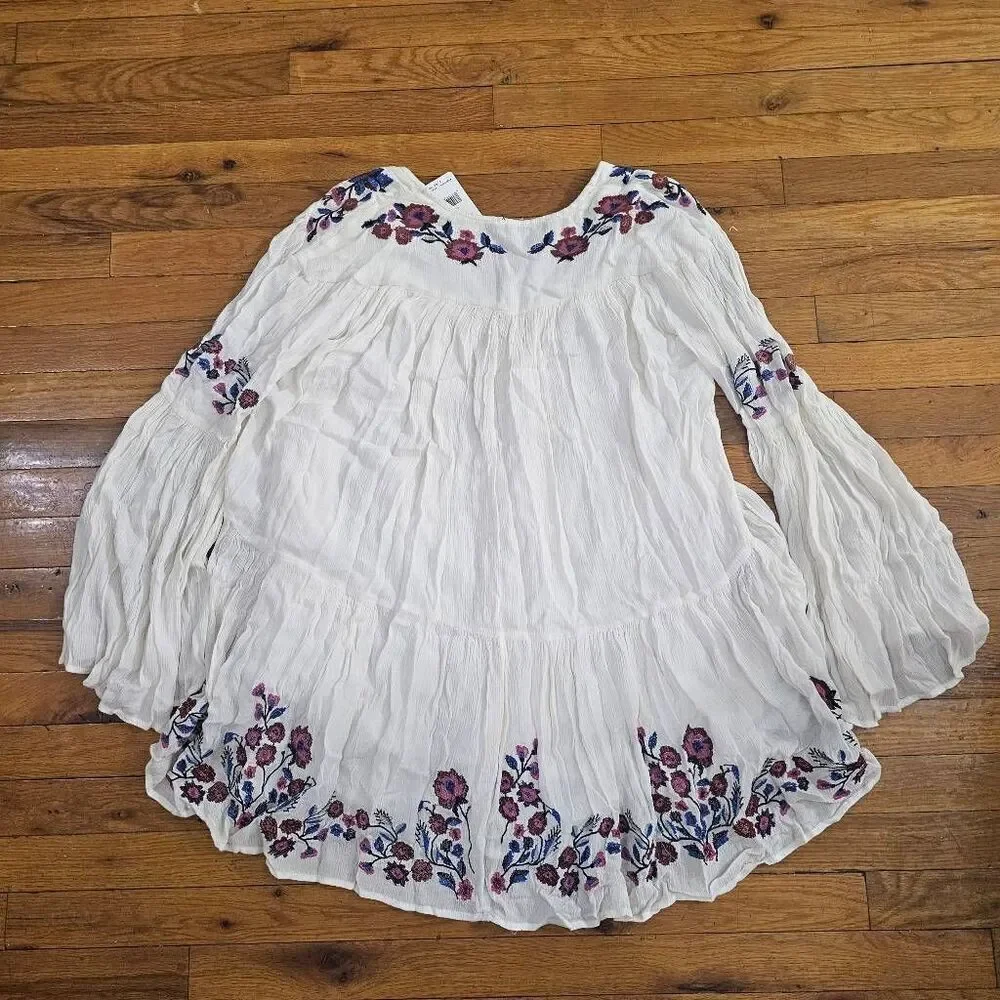 Free People Te amo White Embroidered Boho Tunic Mini Dress Top Bell Sleeves S - Picture 9 of 10